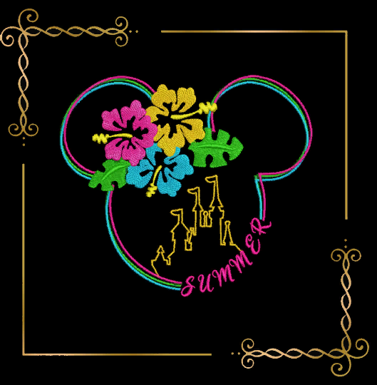 Minnie Mouse head hawaiian flowers Summer machine embroidery design