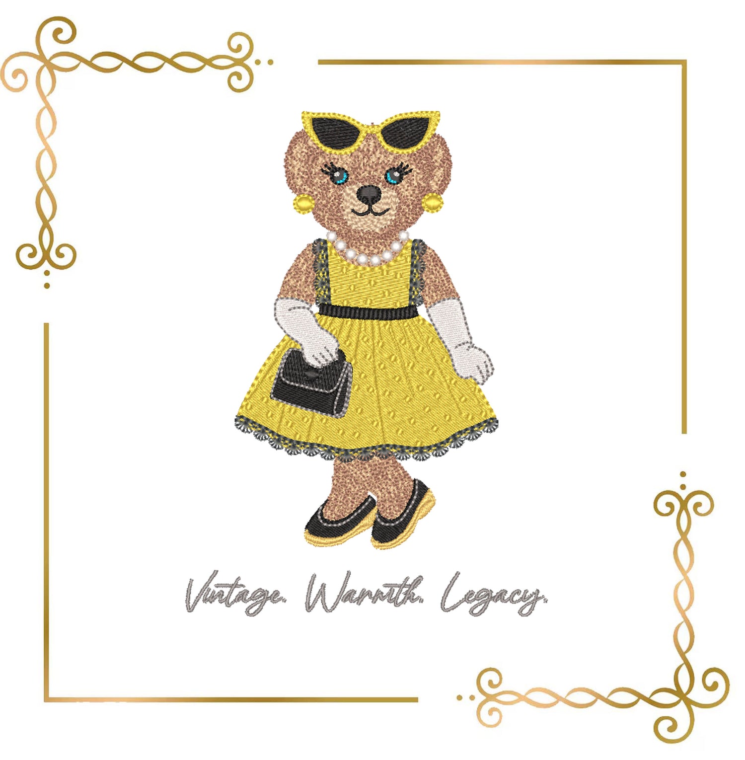 Teddy Bear Embroidery Design – Girl in Gold Dress with Pearls – Vintage Elegant Machine Embroidery File – Cute Retro Bear Pattern