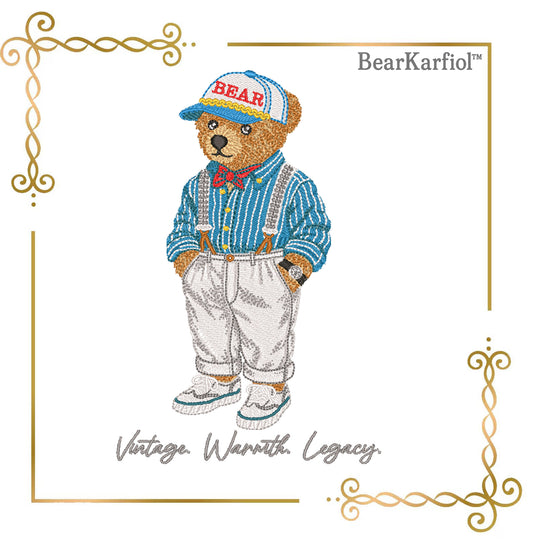 Teddy Bear Vintage Nautical Bear Embroidery Design Polo Style – Retro Teddy in Suspenders & Cap 3 Sizes