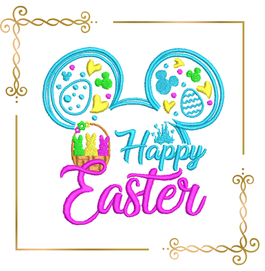 Mickey Mouse Head Happy Easter rabbits in a basket machine embroidery design