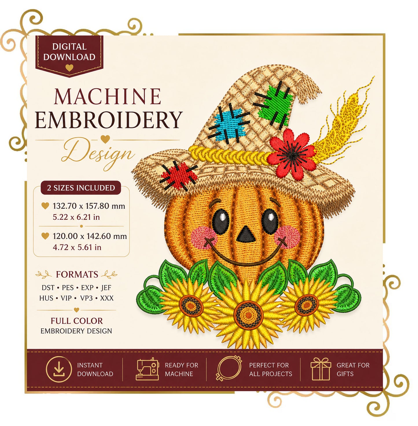 Halloween - Pumpkin Scarecrow Machine Embroidery Design, Fall Sunflower , Autumn Pumpkin, Harvest Halloween Digital Download