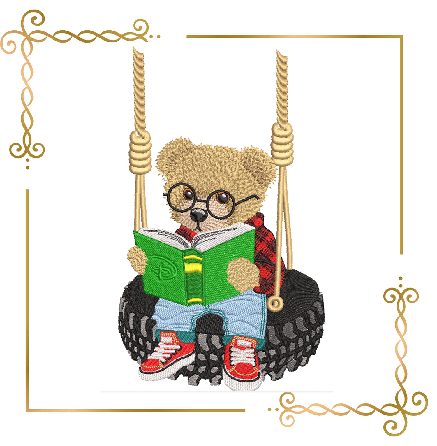 Teddy Bear Super Fashion reading on the swing, cartoon character, embroidery design digital