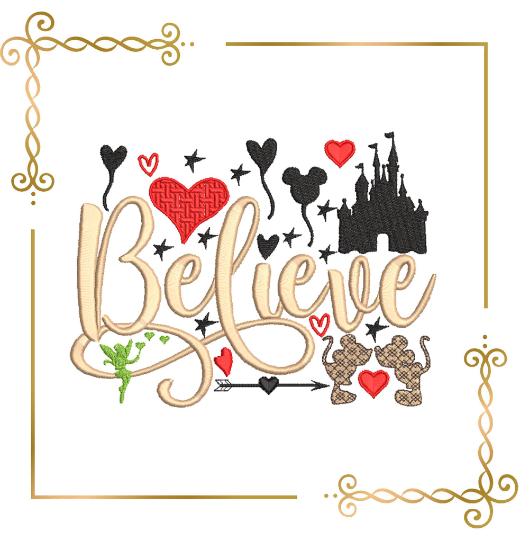 Valentine's day Minnie and Mickey Mouse Believe love heart castle digital machine embroidery design