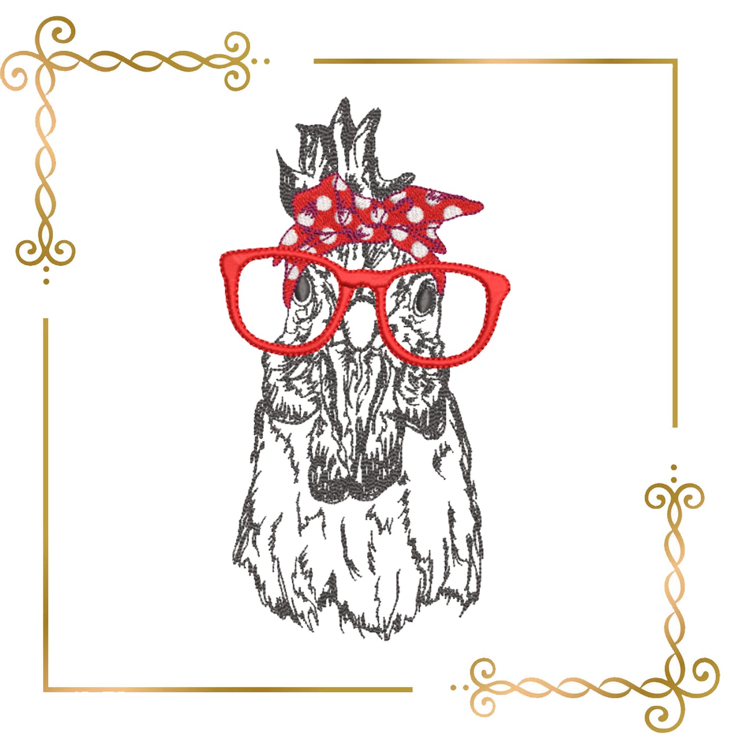 Animal Chicken with Glasses and Scarf embroidery design to the direct download