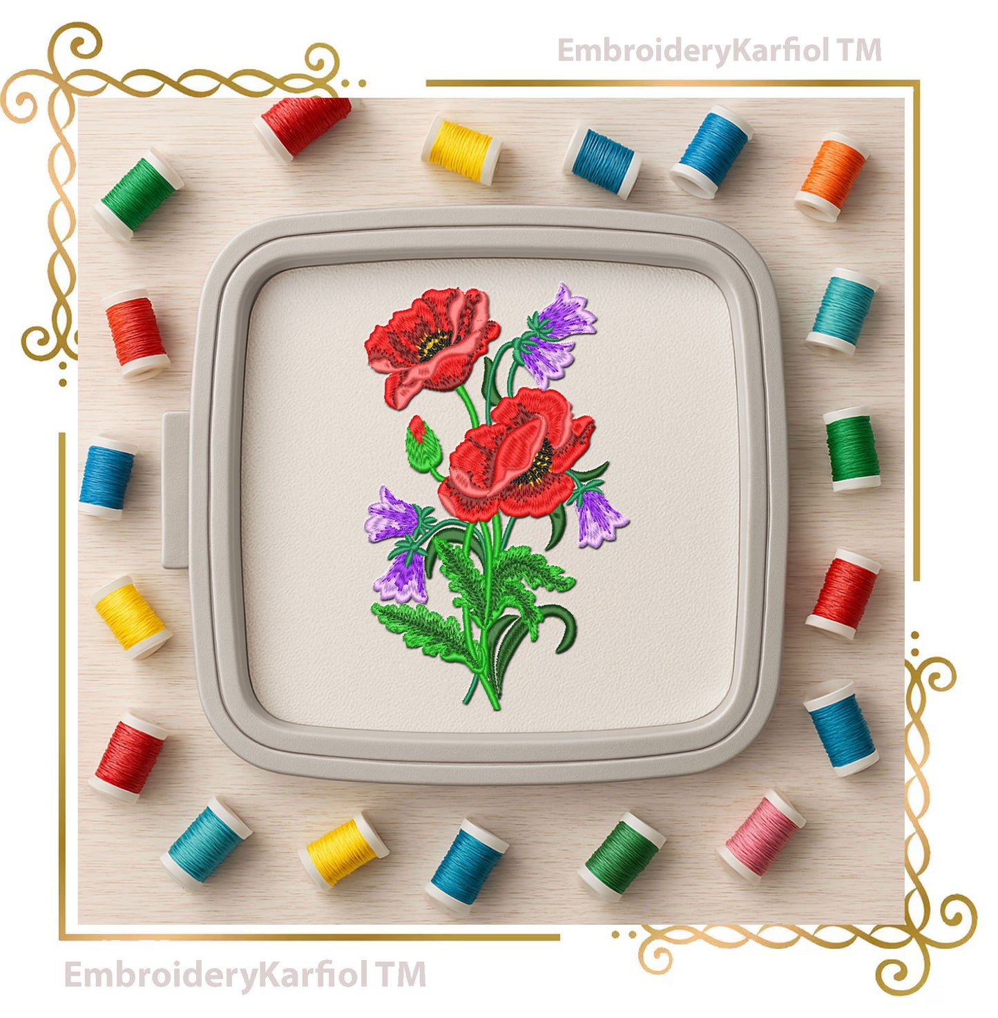 Flowers Poppy and Bellflower Embroidery Design, Red Poppies with Purple Flowers, Wildflower Bouquet Machine Embroidery File