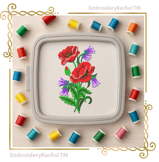Flowers Poppy and Bellflower Embroidery Design, Red Poppies with Purple Flowers, Wildflower Bouquet Machine Embroidery File