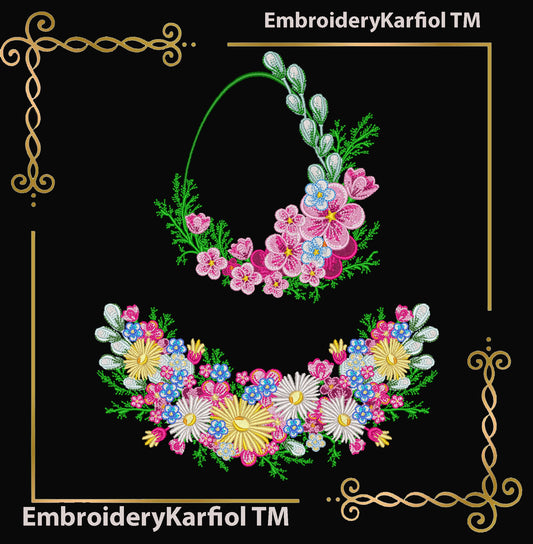 Easter Two matching machine embroidery designs: a floral Easter egg wreath with blue flowers and greenery, plus a coordinating floral border.
