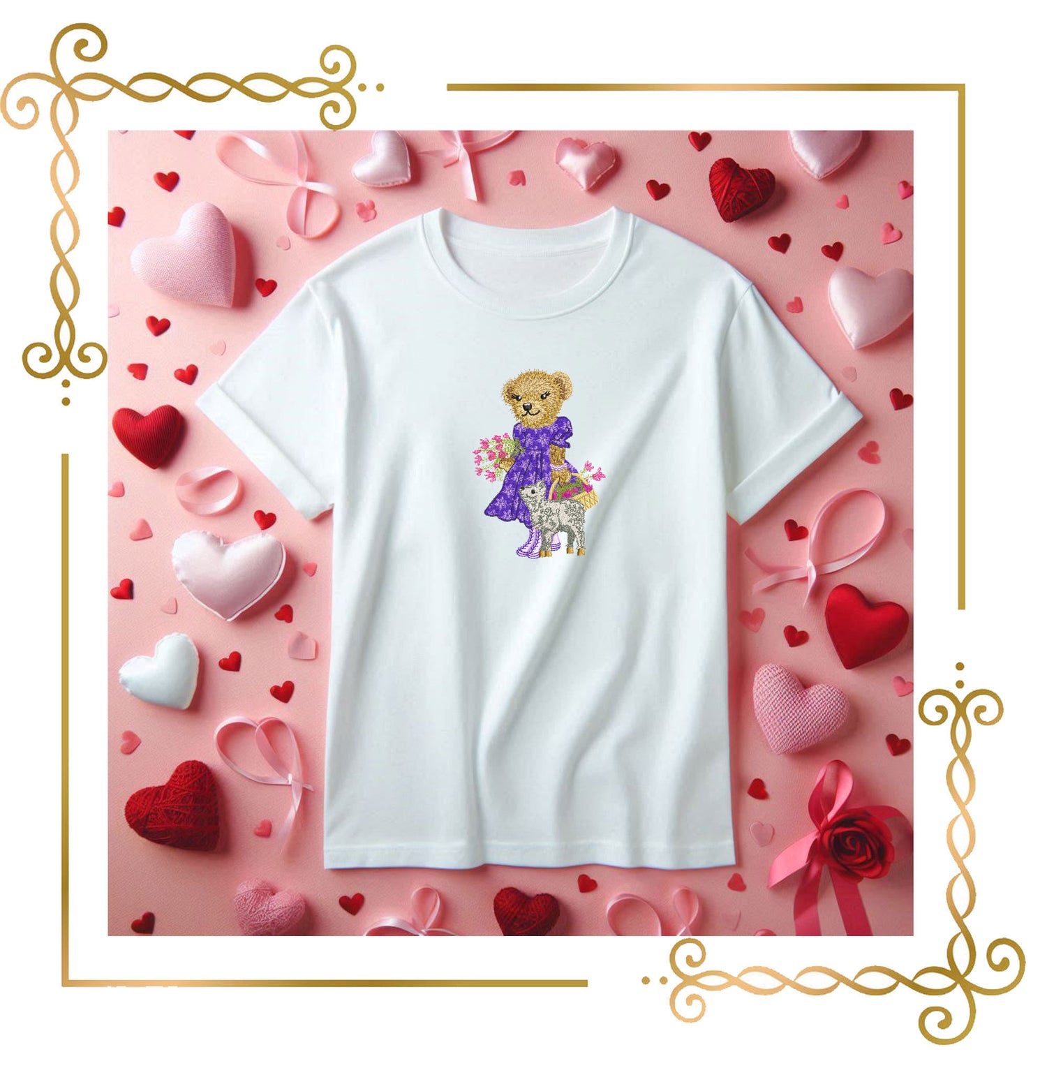 Super Fashion Spring Teddy Bear with Lamb and Flower Basket Embroidery Design