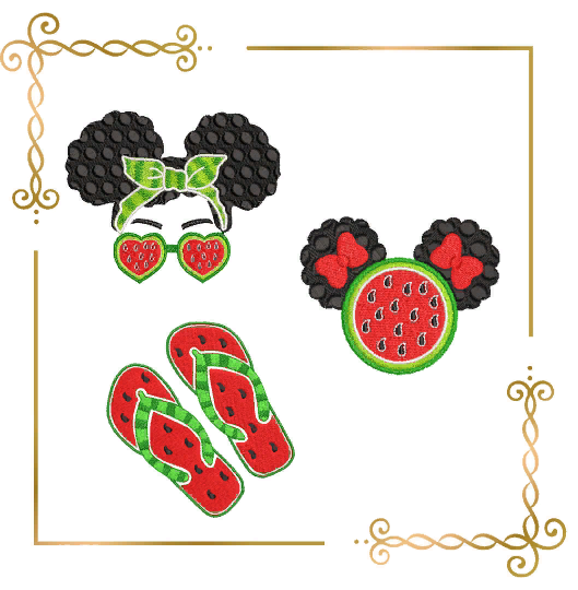 Summer Minnie Mouse head afro american girl glasses Flip flops watermelon machine embroidery design