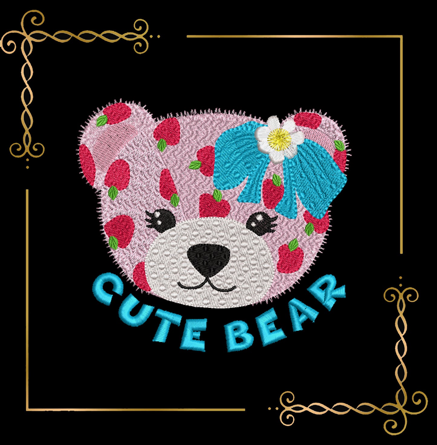 Cute pink strawberry bear with a bow, head, girl, cartoon character, digital machine Embroidery design