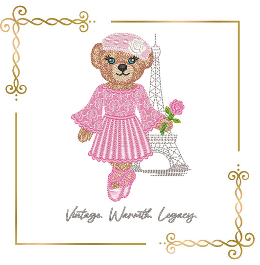 Embroidery Design – Paris Ballerina Bear with Rose | BearKarfiol™ Vintage Teddy | Eiffel Tower Machine Embroidery File