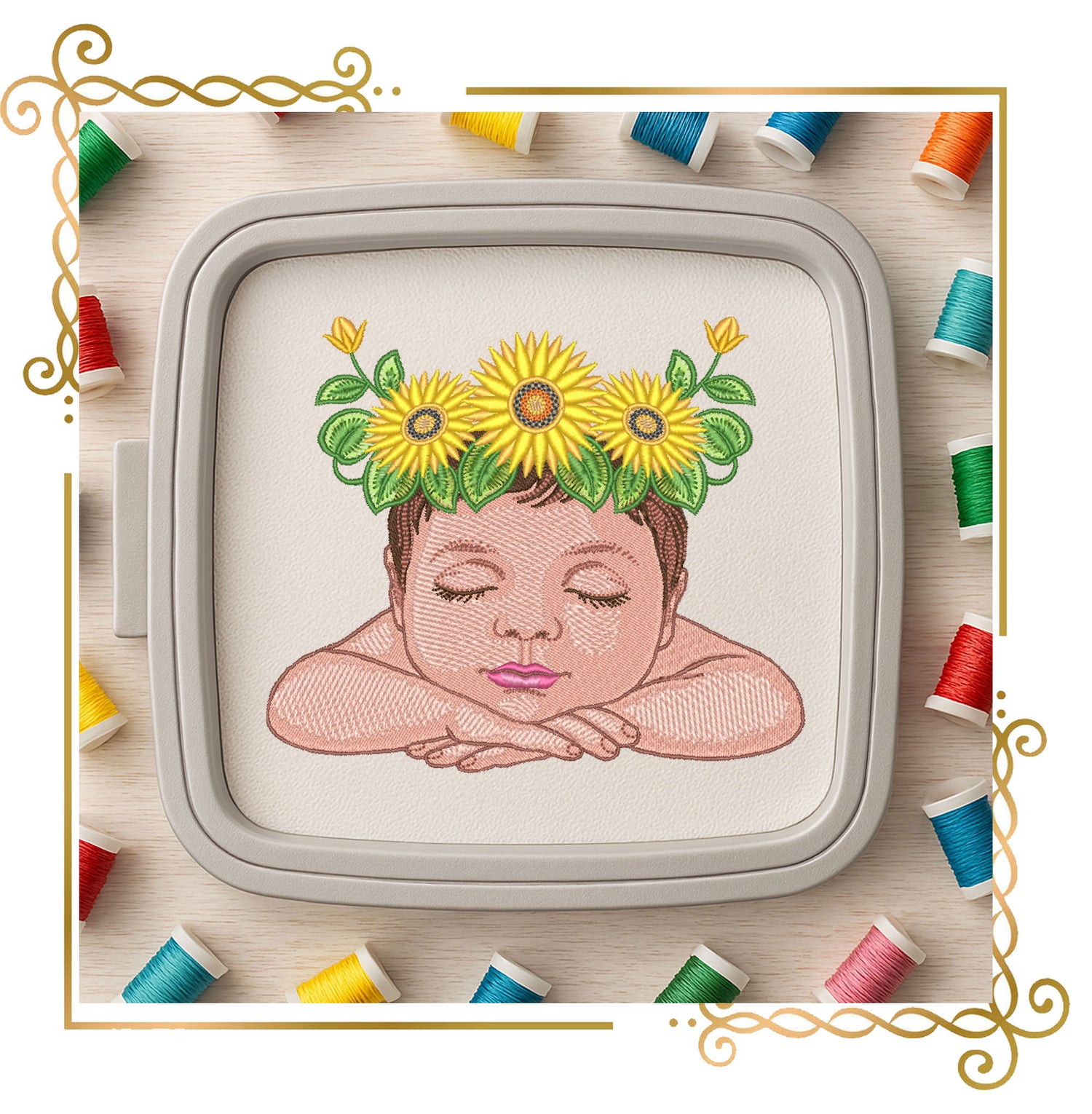 Mother's day, MOM, Baby with Sunflower Crown Embroidery Design – Sleeping Baby Machine Embroidery – Instant Download
