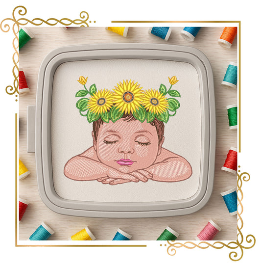 Mother's day, MOM, Baby with Sunflower Crown Embroidery Design – Sleeping Baby Machine Embroidery – Instant Download