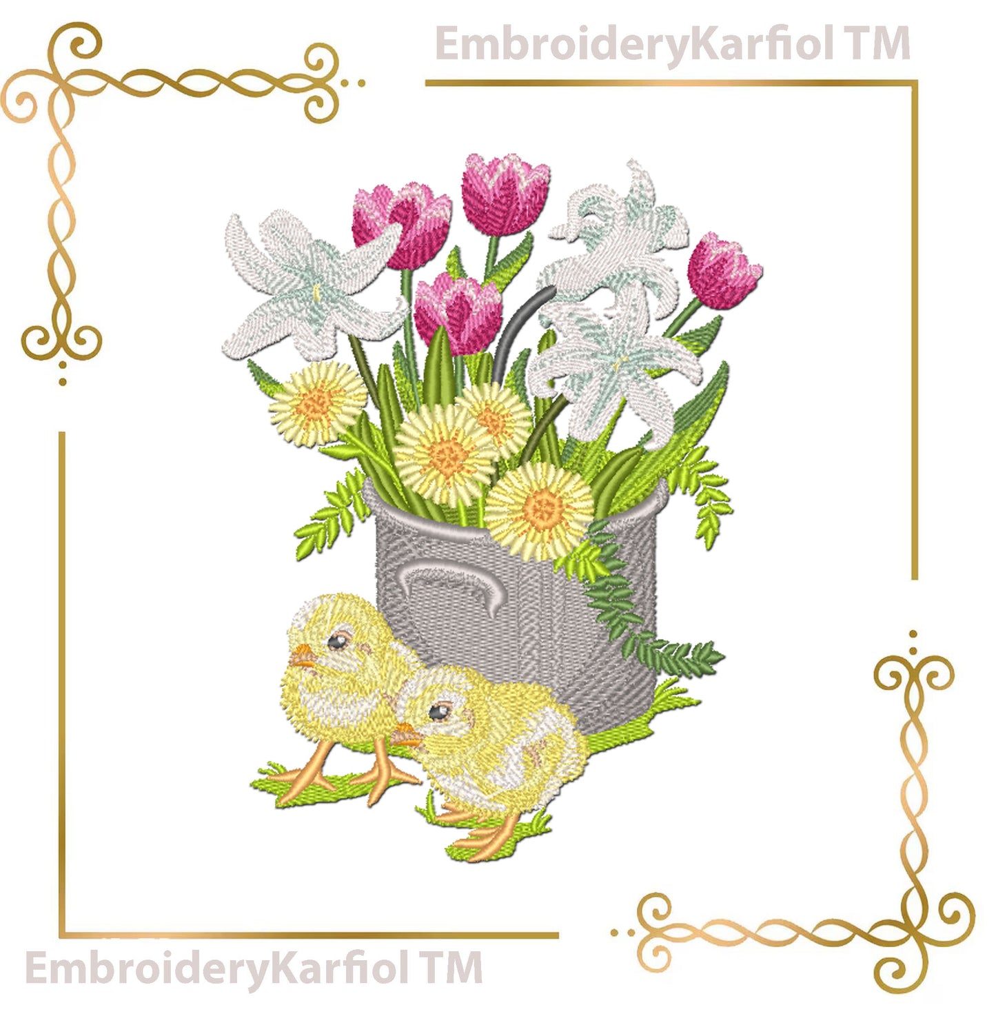 Easter Chicks Flower Pot Embroidery Design – Spring Floral Machine Embroidery
