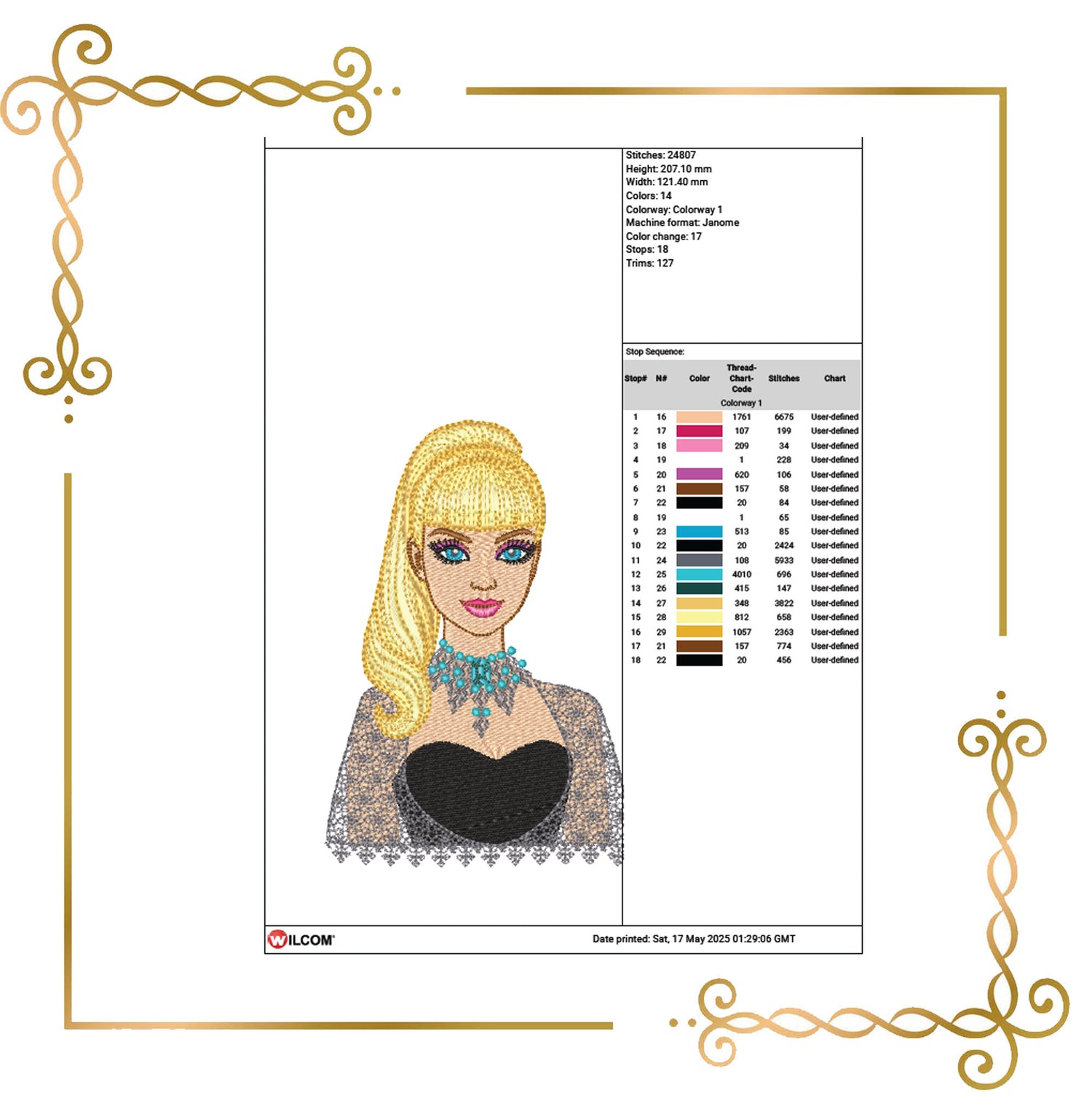 Princess, Barbie Embroidery Design – Glamorous collectible Blonde Doll in Black Lace Dress with Turquoise Necklace – Digital Download