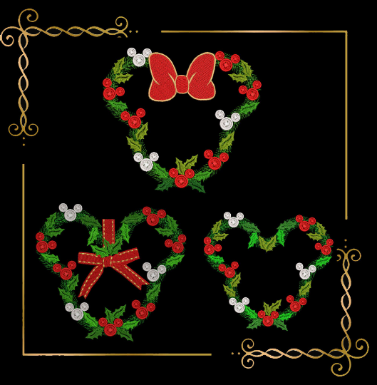 Christmas Wreath Minnie Mickey Mouse head buttons machine embroidery design