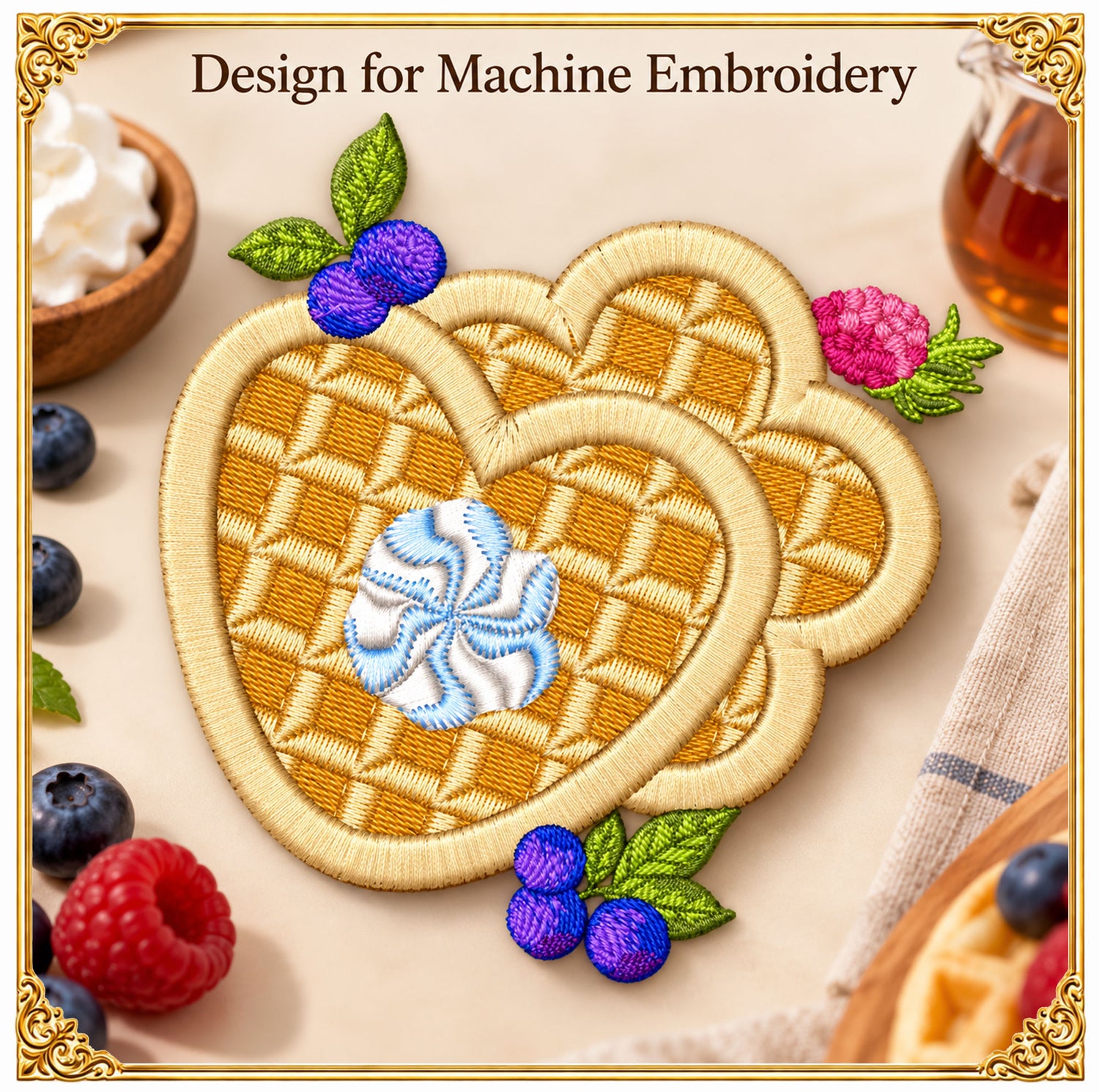 Heart Waffles Embroidery Design, Berries Whipped Cream Dessert, Sweet Breakfast (Instant Download)
Heart shaped waffles embroidery design with fresh berries, a swirl of whipped cream and a dusting of sugar, digitized in a detailed realistic food style for machine embroidery.