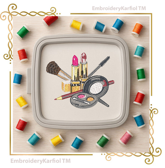 Makeup Embroidery Design | Cosmetic Tools Machine Embroidery File | Beauty Themed Embroidery
