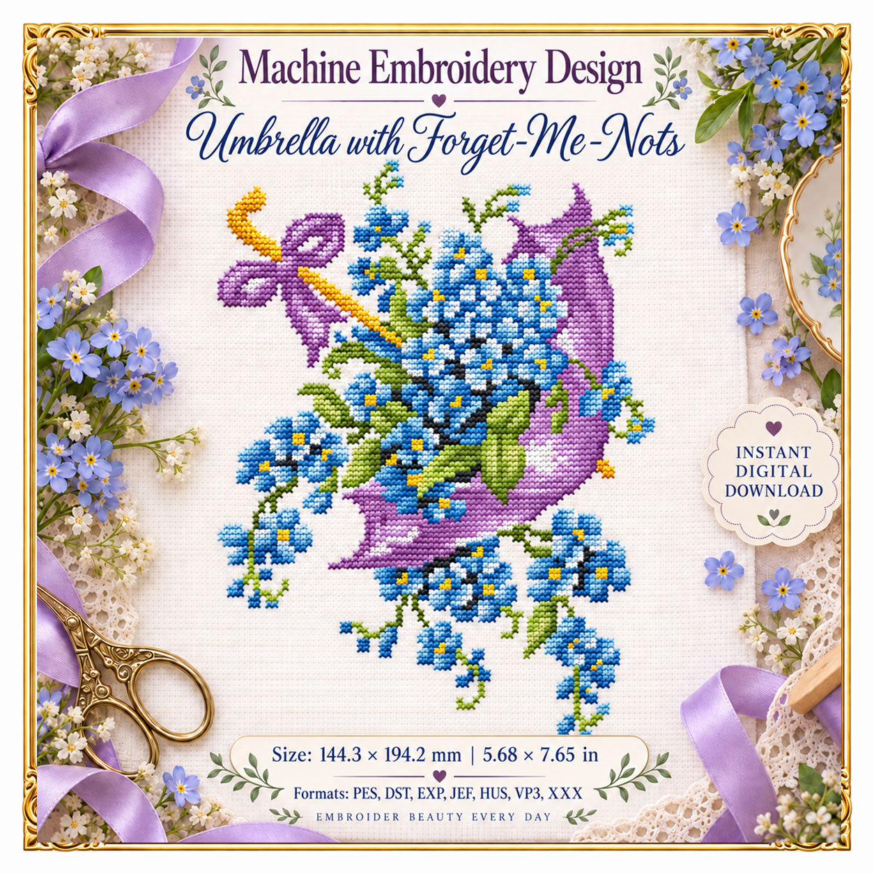 Flowers Umbrella with Forget-Me-Nots Machine Embroidery Design, Cross Stitch Style Floral Embroidery, Blue Flower Design (Instant Download)