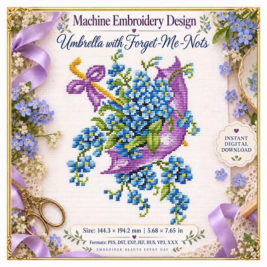 Flowers Umbrella with Forget-Me-Nots Machine Embroidery Design, Cross Stitch Style Floral Embroidery, Blue Flower Design (Instant Download)