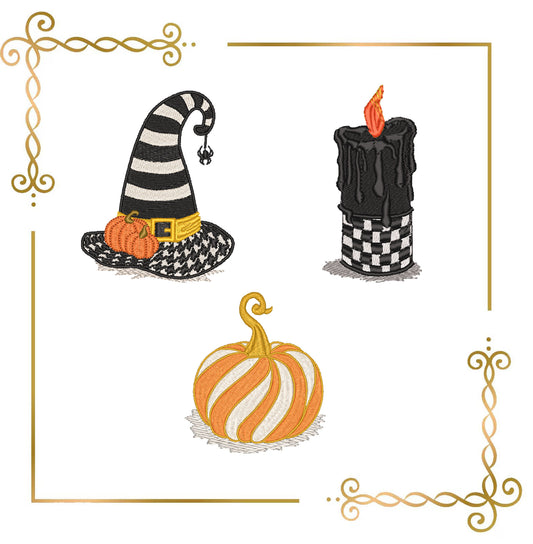 Halloween embroidery designs triptych set – witch hat, pumpkin and gothic candle – spooky machine embroidery patternsv