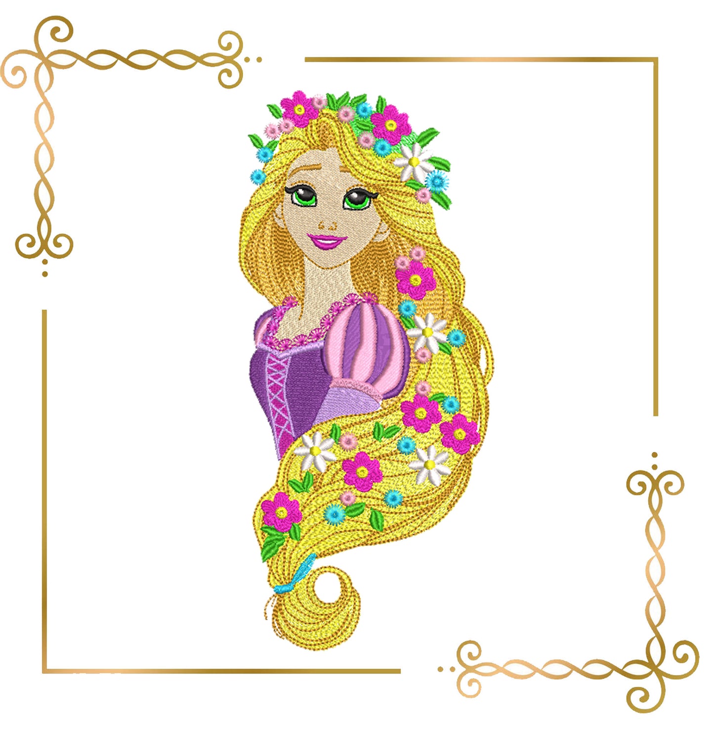 Elegant Princess with Floral Hair - Rapunzel Embroidery Design 2 large sizes