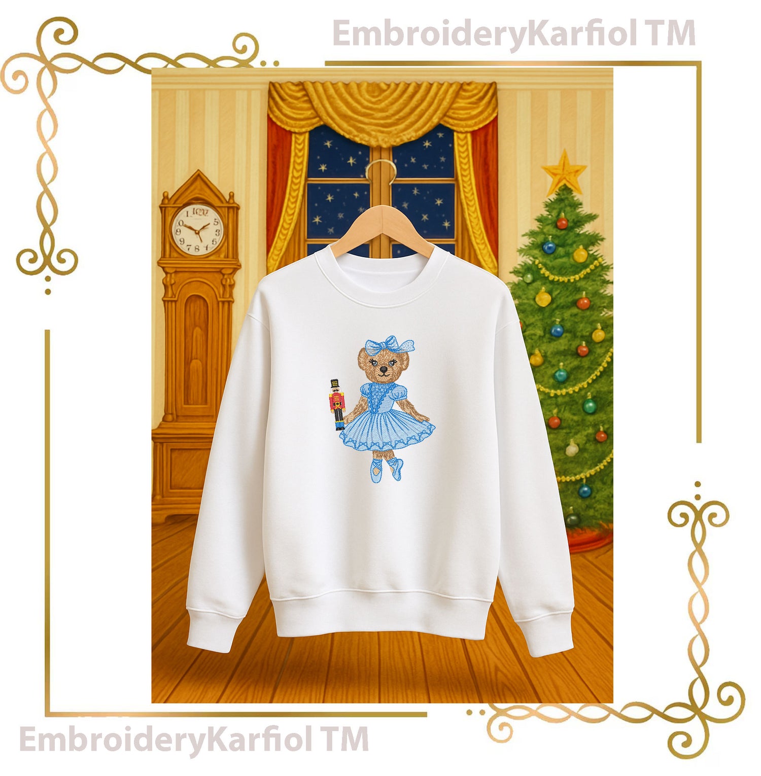 Nutcracker Ballerina Bear Embroidery Design – Christmas Ballerina Machine Embroidery Pattern