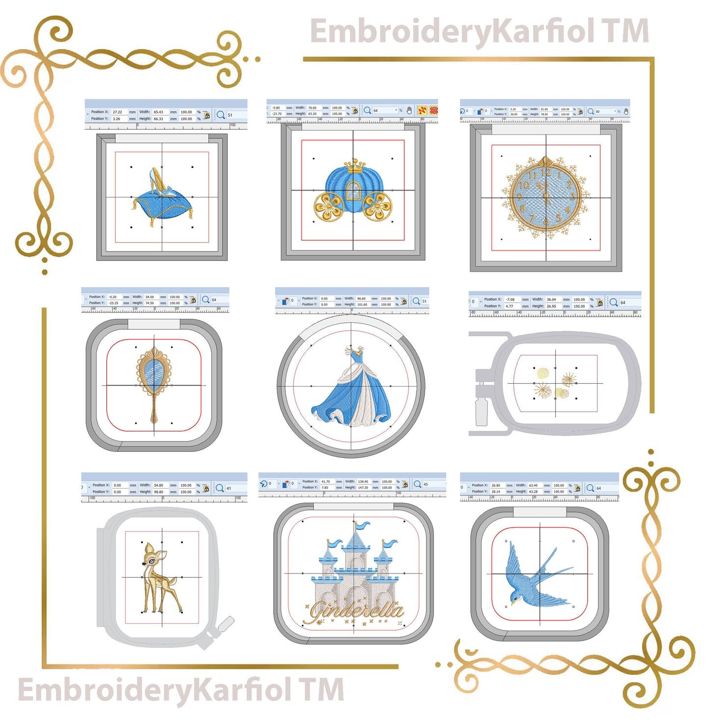 Cinderella Embroidery Design Set – 9 Files Princess, Castle, Carriage, Clock –  Bundle, only manual digitization (Digital)
