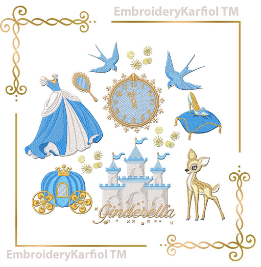 Cinderella Embroidery Design Set – 9 Files Princess, Castle, Carriage, Clock – Bundle, only manual digitization (Digital)