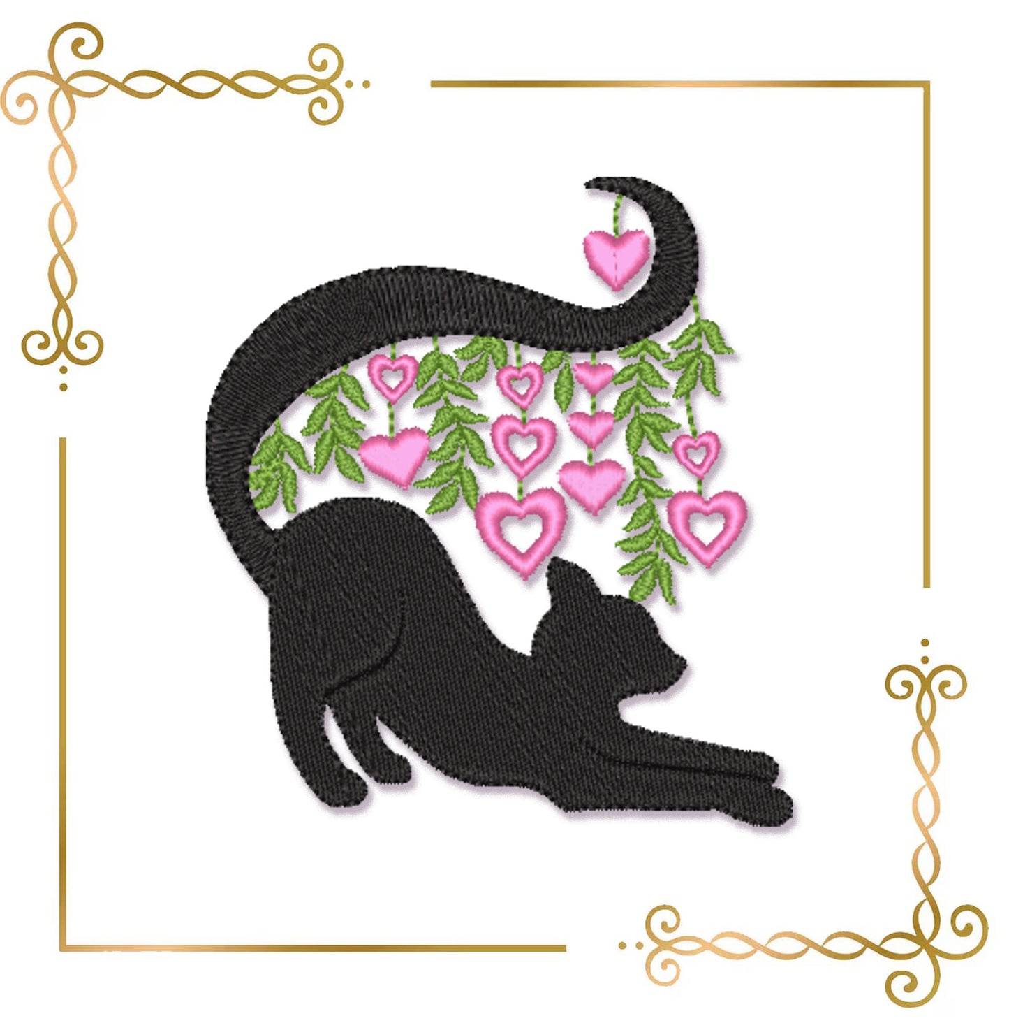 Cartoon Characters Black Cat Stretching Embroidery Design, Hearts Leaves Machine Pattern (Instant Download)
