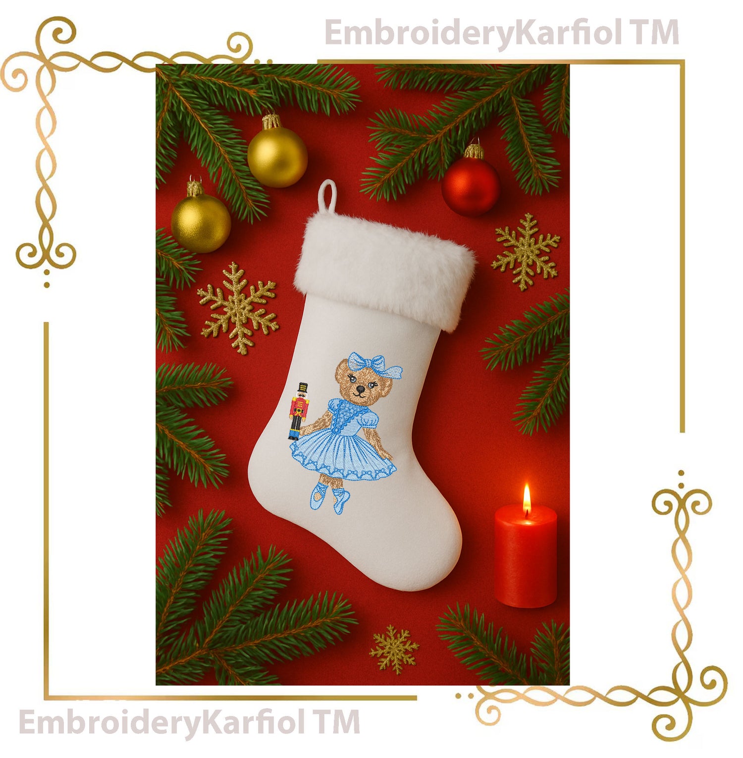 Nutcracker Ballerina Bear Embroidery Design – Christmas Ballerina Machine Embroidery Pattern