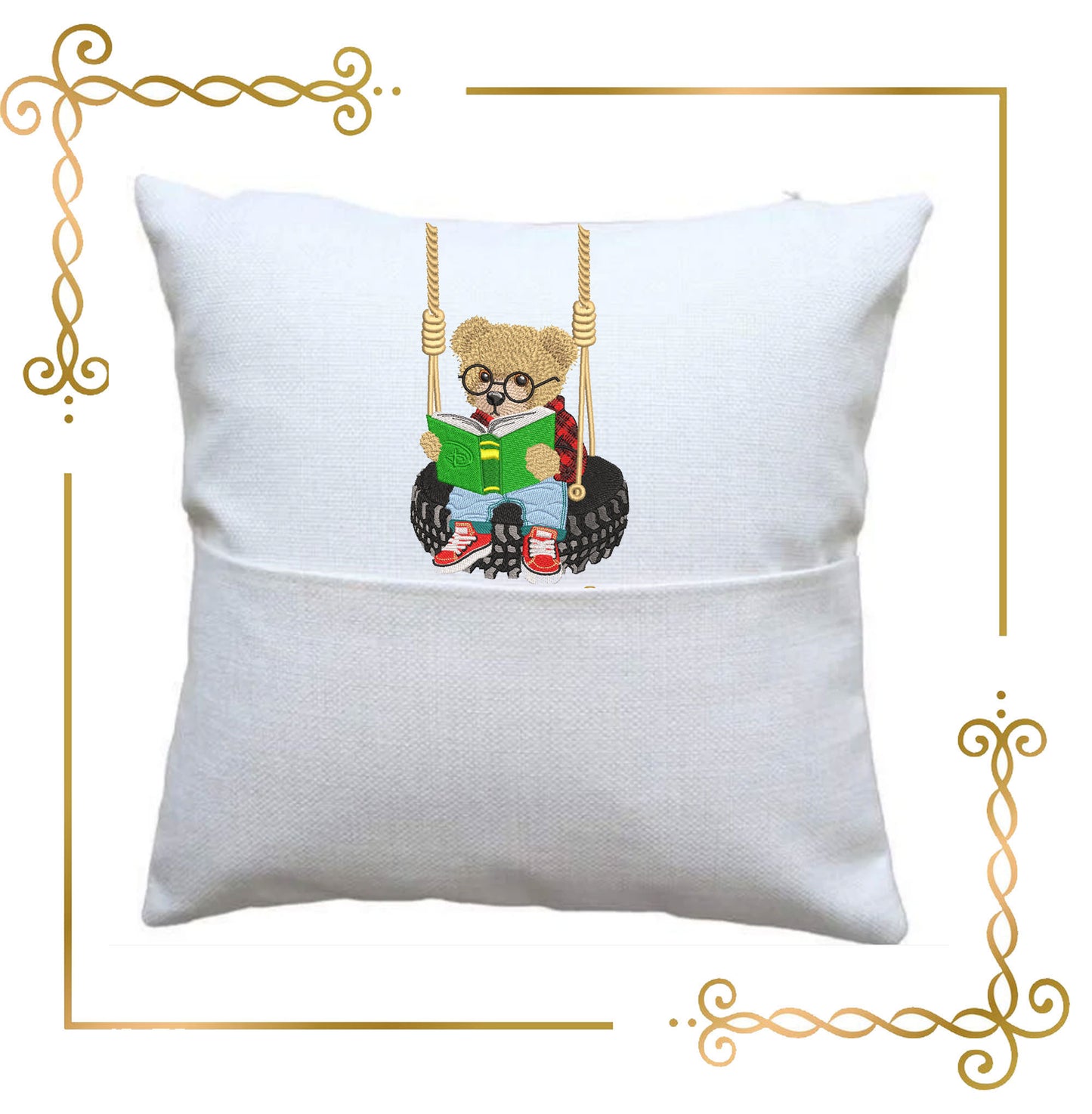 Teddy Bear Super Fashion reading on the swing, cartoon character, embroidery design digital