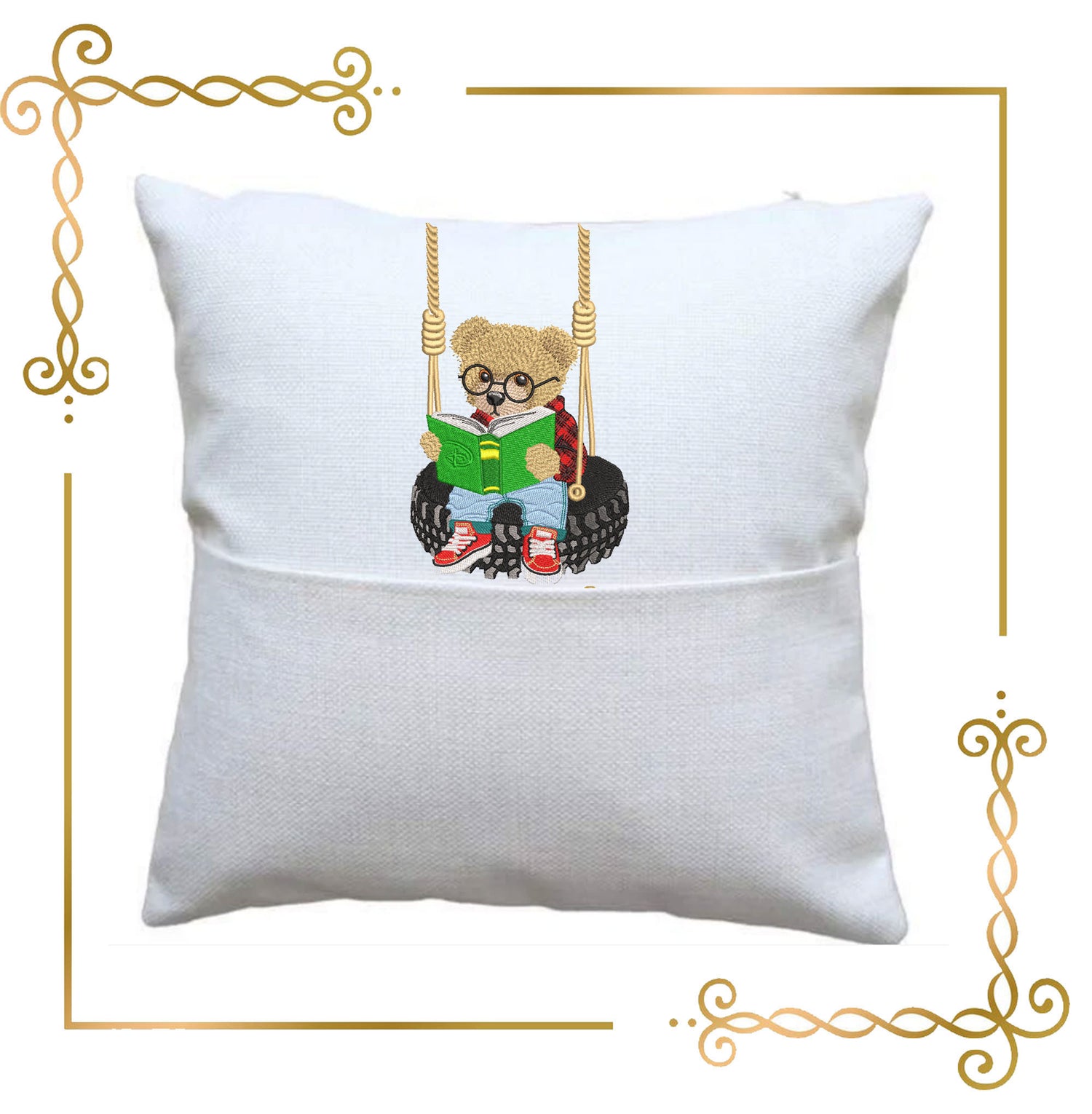 Teddy Bear Super Fashion reading on the swing, cartoon character, embroidery design digital