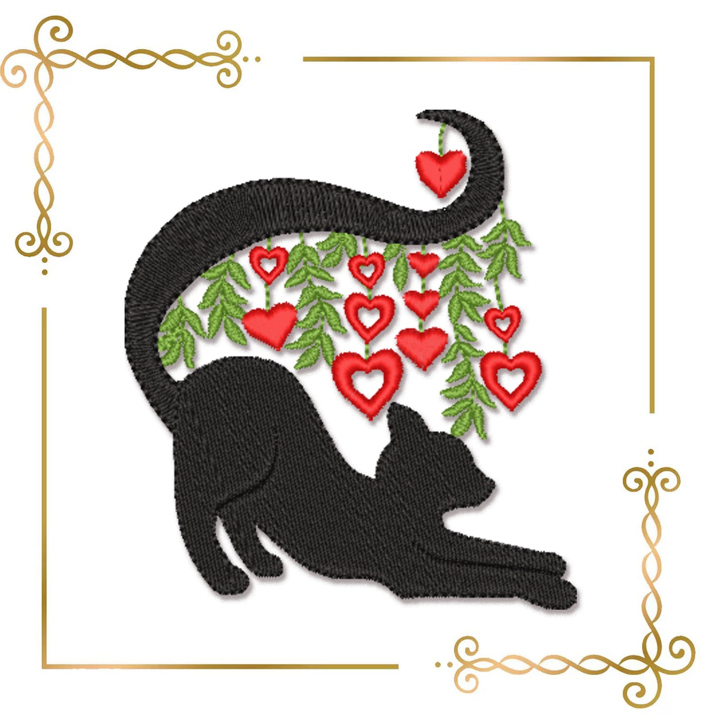 Cartoon Characters Black Cat Stretching Embroidery Design, Hearts Leaves Machine Pattern (Instant Download)