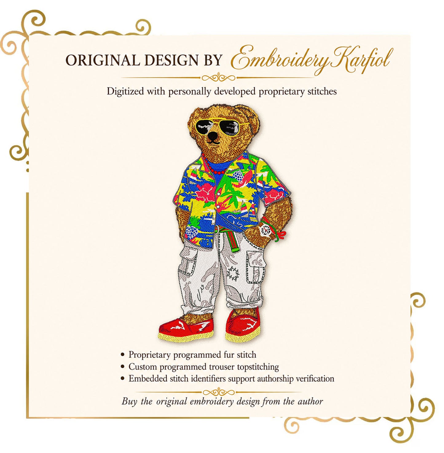 Teddy bear “Tropical motifs” Fashionable bear wearing glasses and a shirt with tropical motifs Embroidery