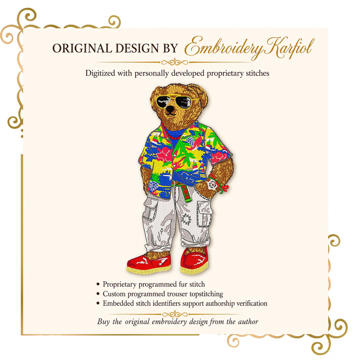 Teddy bear “Tropical motifs” Fashionable bear wearing glasses and a shirt with tropical motifs Embroidery