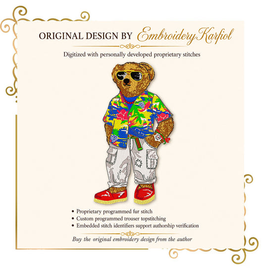 Teddy bear “Tropical motifs” Fashionable bear wearing glasses and a shirt with tropical motifs Embroidery