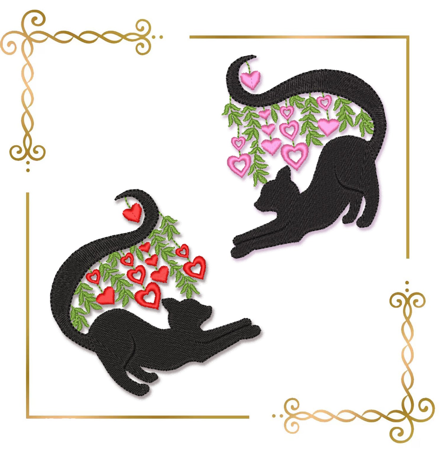 Cartoon Characters Black Cat Stretching Embroidery Design, Hearts Leaves Machine Pattern (Instant Download)