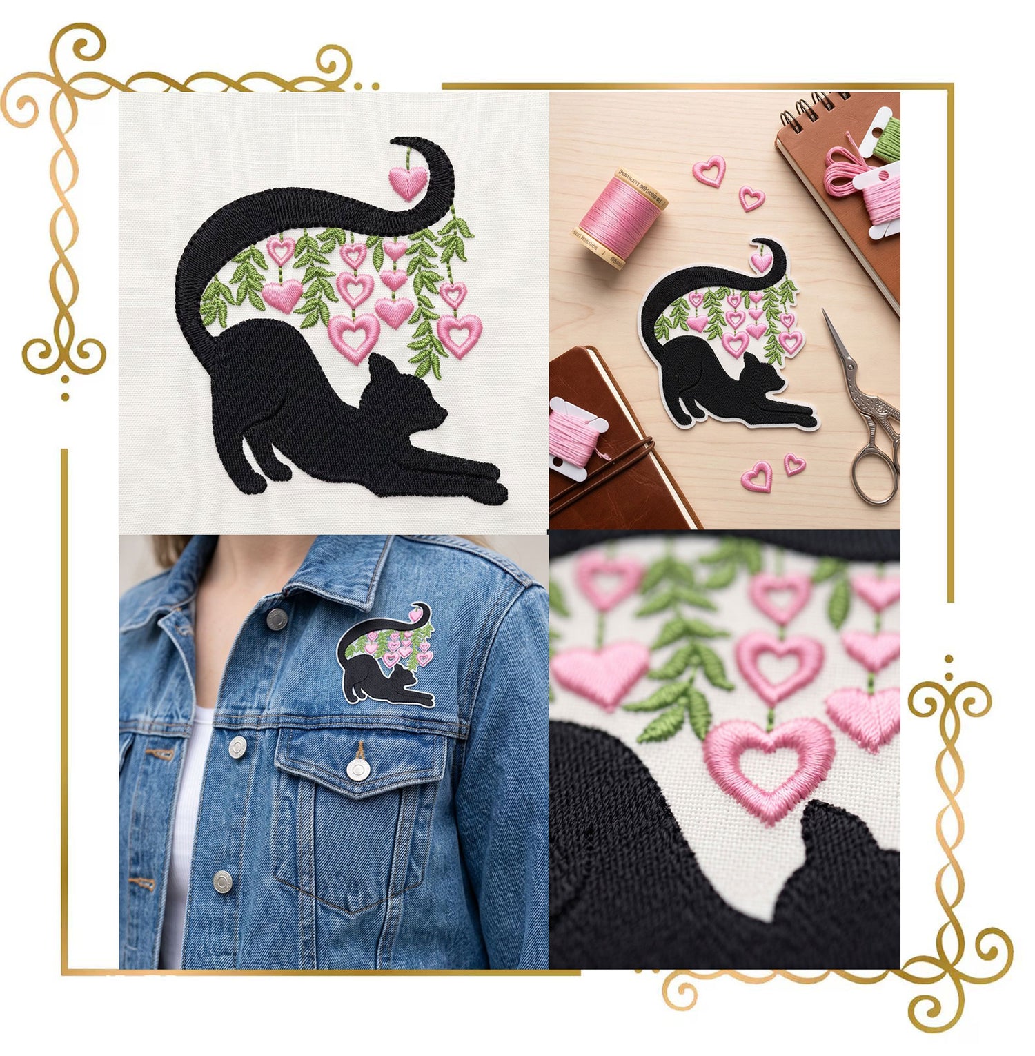 Cartoon Characters Black Cat Stretching Embroidery Design, Hearts Leaves Machine Pattern (Instant Download)