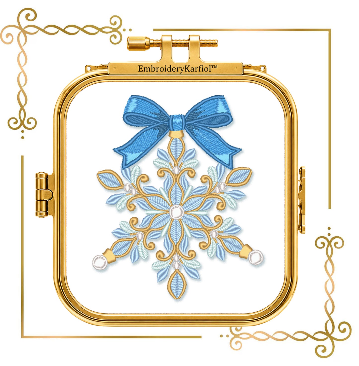 Christmas Snowflake Machine Embroidery Design, Blue Bow Ornament, Winter Holiday Embroidery, Christmas Decor - Digital Download