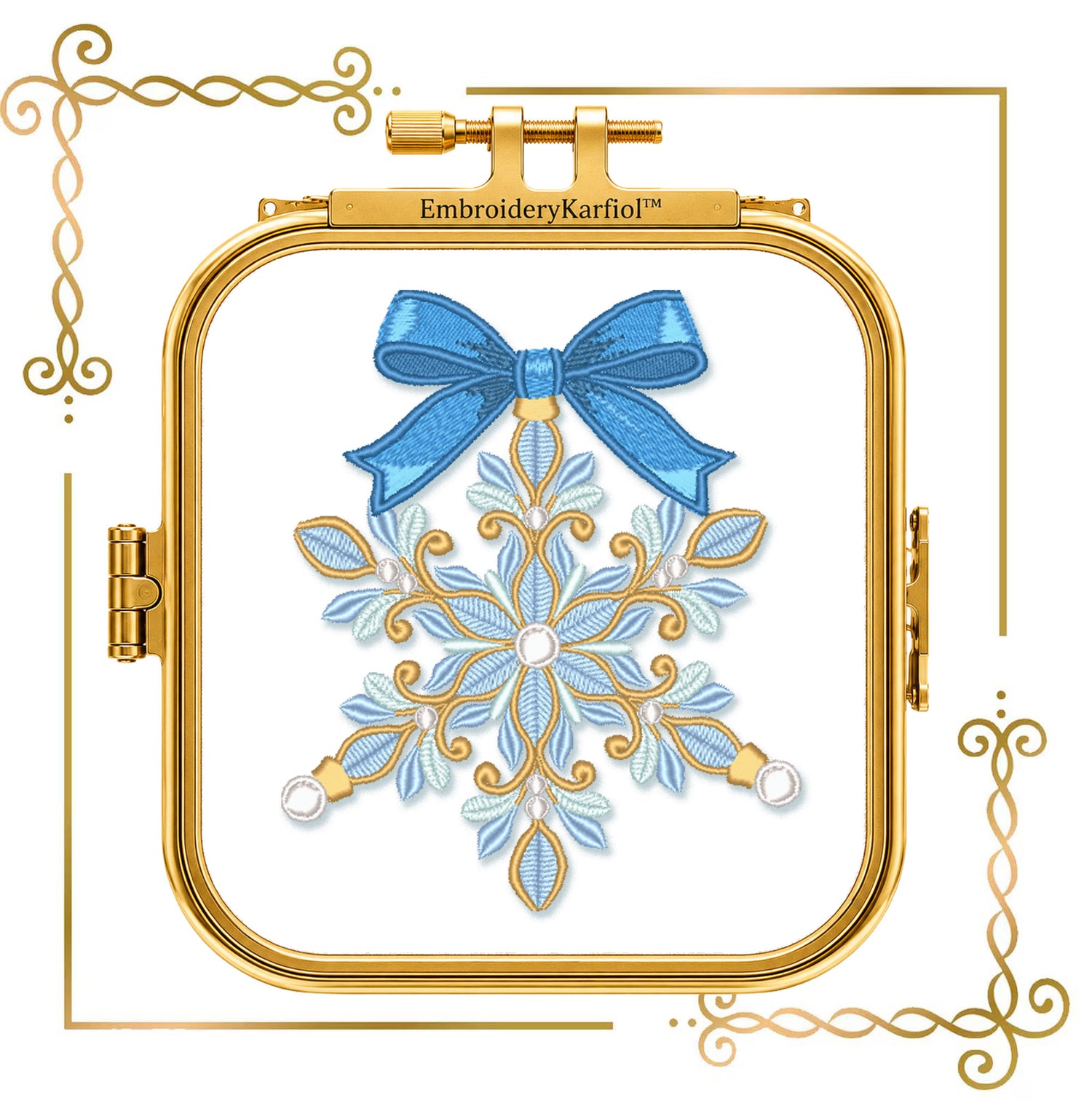 Christmas Snowflake Machine Embroidery Design, Blue Bow Ornament, Winter Holiday Embroidery, Christmas Decor - Digital Download