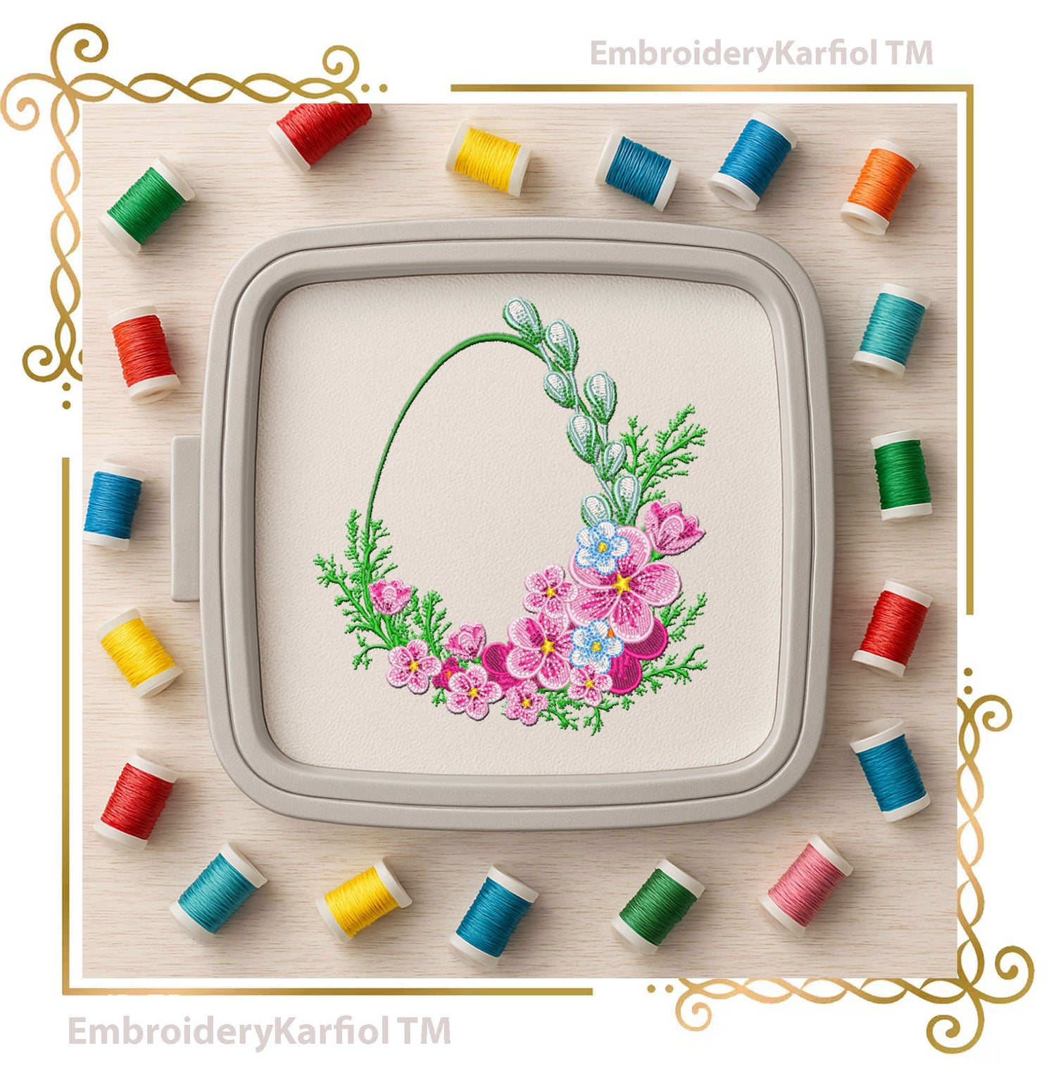 Easter Two matching machine embroidery designs: a floral Easter egg wreath with blue flowers and greenery, plus a coordinating floral border.