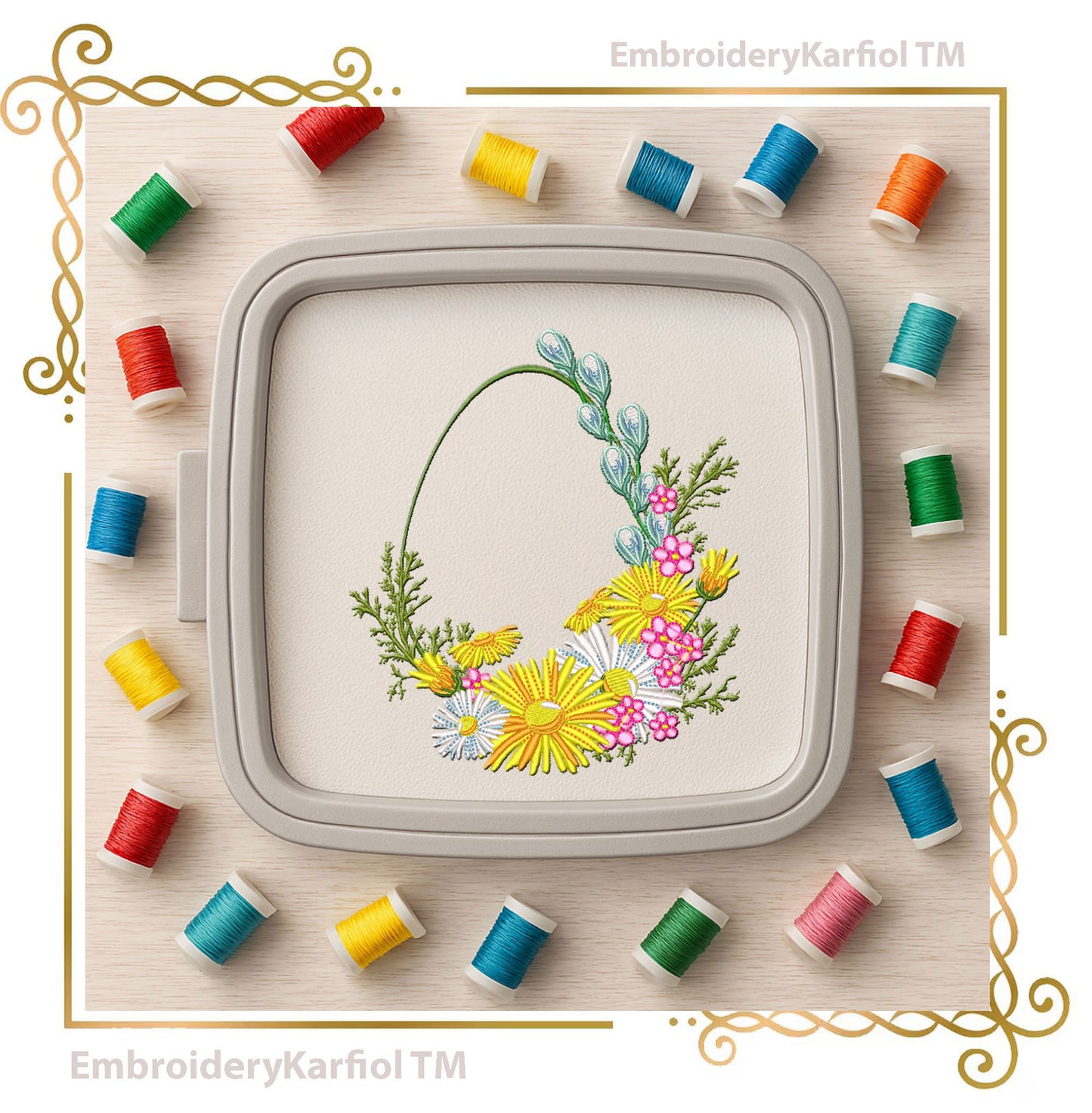 Easter  machine embroidery designs: a floral Easter egg wreath with flowers and greenery