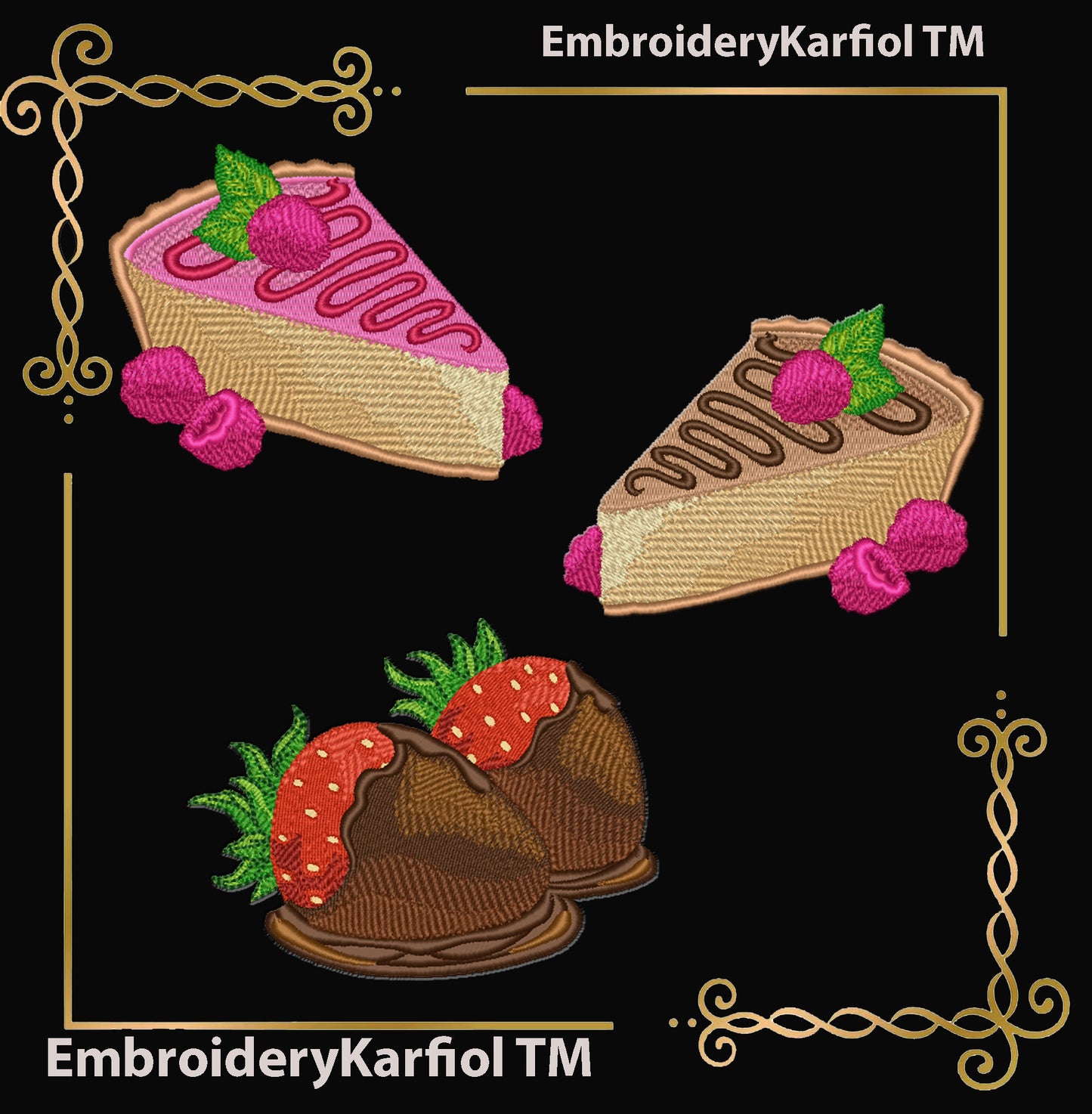 Dessert Embroidery Design Set – Chocolate, Raspberry Cakes, Strawberries (Instant Download)