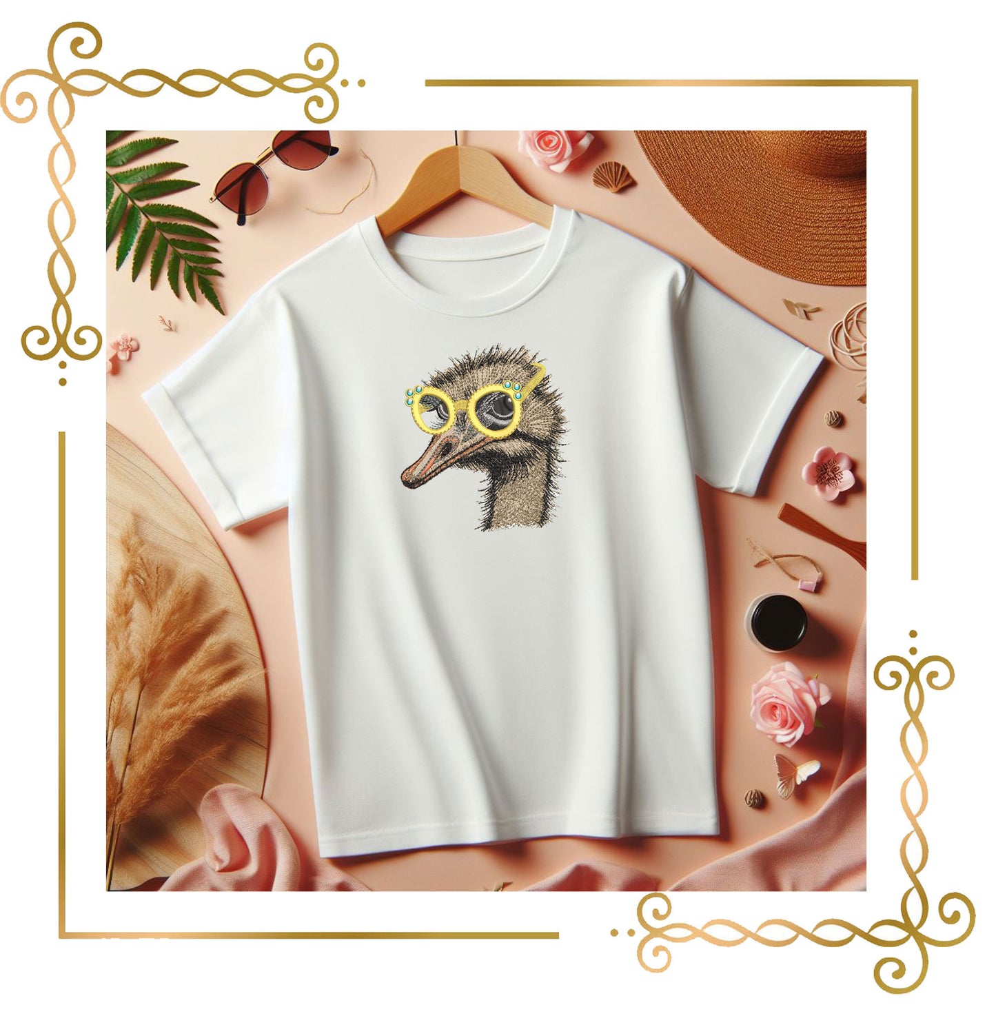 Animals Fashionable ostrich with glasses embroidery design to the direct download