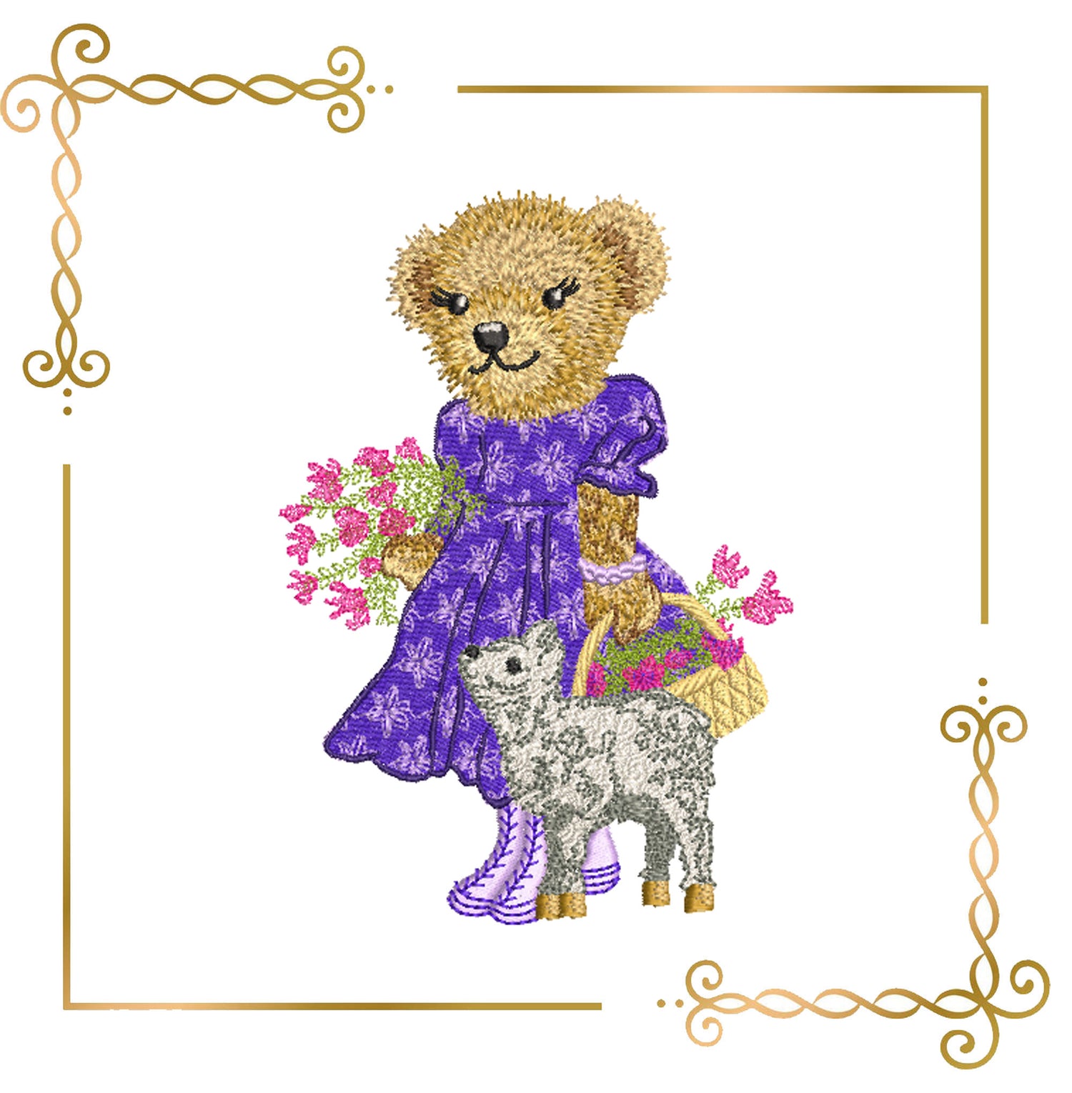 Super Fashion Spring Teddy Bear with Lamb and Flower Basket Embroidery Design