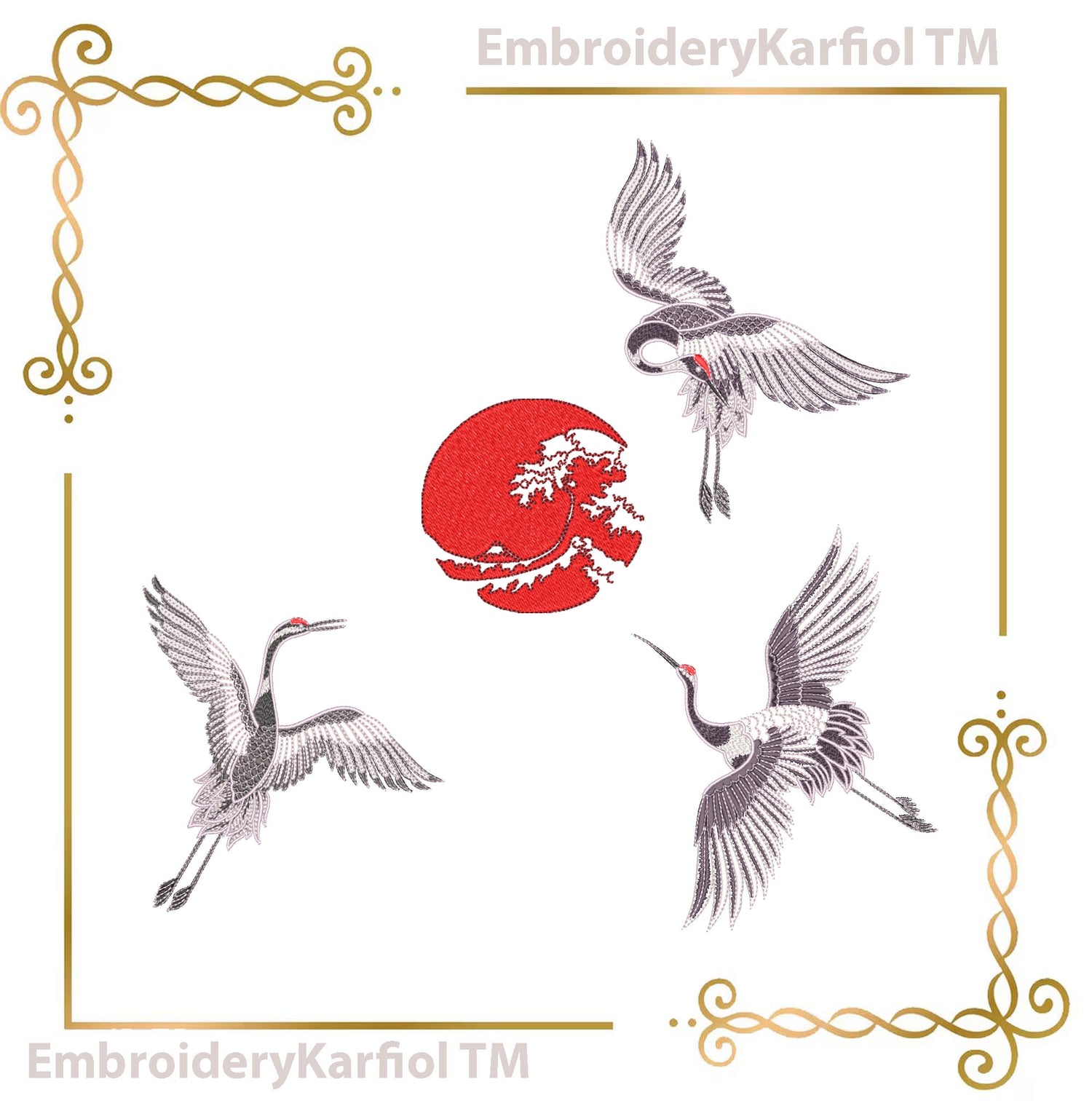 Embroidery Design Machine Embroidery Japanese Crane Set Red Sun Bundle Oriental Bird Motif