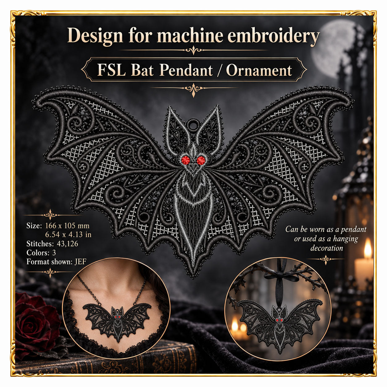 Halloween -Gothic Freestanding Lace Bat Pendant FSL Machine Embroidery Design, Halloween Ornament, Instant (Digital Download)
