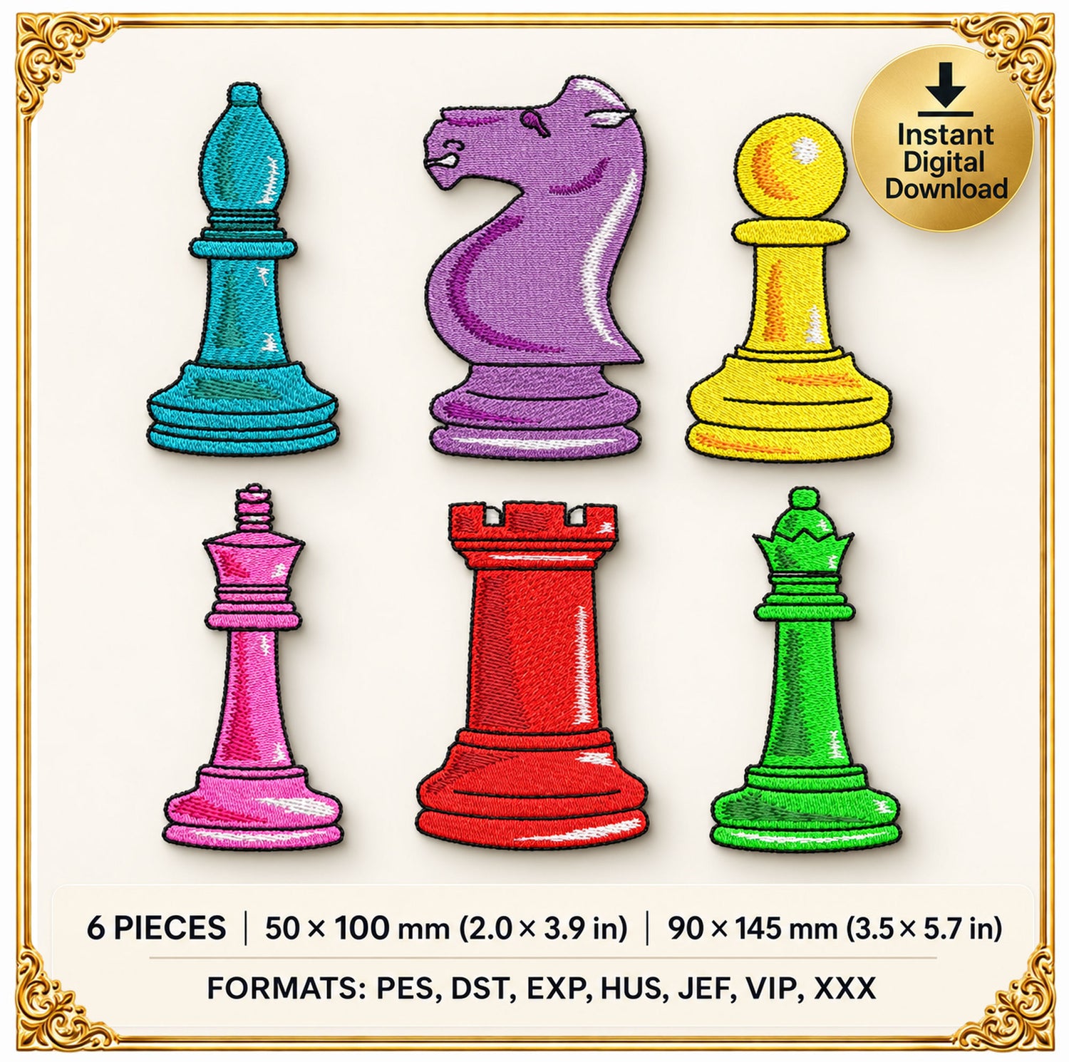 Colorful Chess Pieces Embroidery Design Set, King Queen Knight Bishop Rook Pawn (Instant Download)
Colorful royal chess set machine embroidery design collection with six detailed pieces – king, queen, knight, bishop, rook and pawn – digitized with smooth satin outlines and bright fills for crisp, clean stitching.