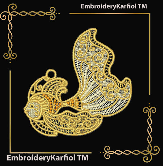 Lace Gold Lace Fish Embroidery Design, Ornamental Sea Creature, Freestanding Lace Pattern (Instant Download)v